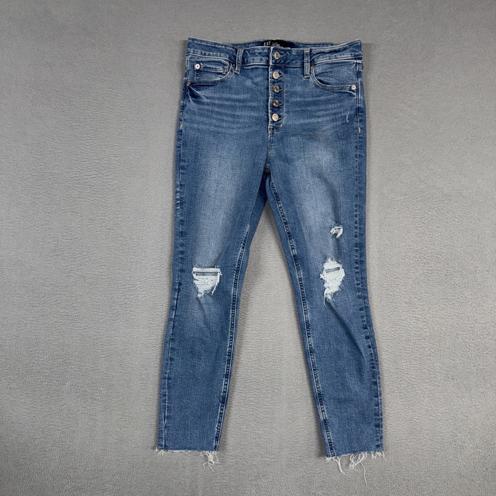 Gap Jeans Womens 10 Short Blue High Rise Universal Legging Distressed Button Fly